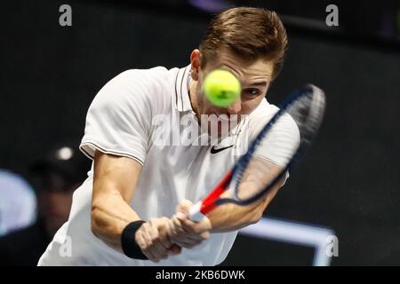 Egor Gerasimov of Belarus returns the ball to Matteo Berrettini of Italy during their ATP St. Petersburg Open 2019 quarter-final match on September 21, 2019 in Saint Petersburg, Russia. (Photo by Mike Kireev/NurPhoto) Stock Photo