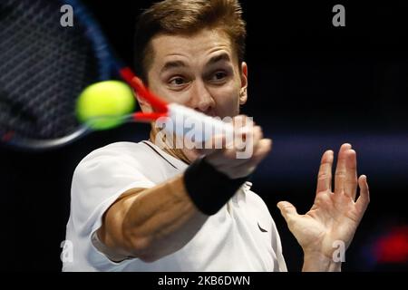 Egor Gerasimov of Belarus returns the ball to Matteo Berrettini of Italy during their ATP St. Petersburg Open 2019 quarter-final match on September 21, 2019 in Saint Petersburg, Russia. (Photo by Mike Kireev/NurPhoto) Stock Photo