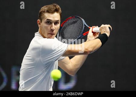 Egor Gerasimov of Belarus returns the ball to Matteo Berrettini of Italy during their ATP St. Petersburg Open 2019 quarter-final match on September 21, 2019 in Saint Petersburg, Russia. (Photo by Mike Kireev/NurPhoto) Stock Photo