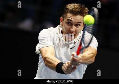 Egor Gerasimov of Belarus returns the ball to Matteo Berrettini of Italy during their ATP St. Petersburg Open 2019 quarter-final match on September 21, 2019 in Saint Petersburg, Russia. (Photo by Mike Kireev/NurPhoto) Stock Photo