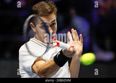 Egor Gerasimov of Belarus returns the ball to Matteo Berrettini of Italy during their ATP St. Petersburg Open 2019 quarter-final match on September 21, 2019 in Saint Petersburg, Russia. (Photo by Mike Kireev/NurPhoto) Stock Photo