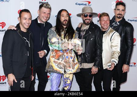 LAS VEGAS, NEVADA, USA - SEPTEMBER 20: Howie Dorough, Nick Carter, Steve Aoki, AJ McLean, Brian Littrell and Kevin Richardson of Backstreet Boys arrive at the 2019 iHeartRadio Music Festival - Night 1 held at T-Mobile Arena on September 20, 2019 in Las Vegas, Nevada, United States. (Photo by David Acosta/Image Press Agency/NurPhoto) Stock Photo