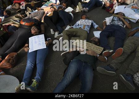 Students and activists hold placards as they participate in a Global Climate Strike rally organised by 'Fridays for Future' in New Delhi, India on September 20, 2019. (Photo by Indraneel Chowdhury/NurPhoto) Stock Photo