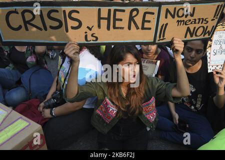 Students and activists hold placards as they participate in a Global Climate Strike rally organised by 'Fridays for Future' in New Delhi, India on September 20, 2019. (Photo by Indraneel Chowdhury/NurPhoto) Stock Photo