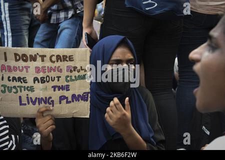 Students and activists hold placards as they participate in a Global Climate Strike rally organised by 'Fridays for Future' in New Delhi, India on September 20, 2019. (Photo by Indraneel Chowdhury/NurPhoto) Stock Photo