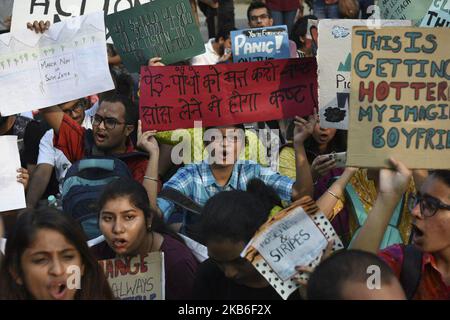 Students and activists hold placards as they participate in a Global Climate Strike rally organised by 'Fridays for Future' in New Delhi, India on September 20, 2019. (Photo by Indraneel Chowdhury/NurPhoto) Stock Photo