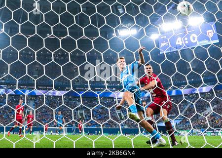 Oleg Shatov of FC Zenit Saint Petersburg (L) vie for the ball during the Russian Premier League match between FC Zenit Saint Petersburg and FC Rubin Kazan at the Gazprom Arena on September 21, 2019 in Saint Petersburg, Russia. (Photo by Igor Russak/NurPhoto) Stock Photo