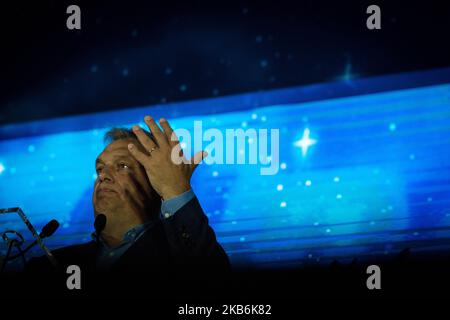 Hungarian Prime Minister Viktor Orban speaks at the Atreju 2019 annual political meeting organized by the right-wing party Brothers of Italy in Rome on. September 21, 2019 in Rome, Italy. (Photo by Andrea Ronchini/NurPhoto) Stock Photo