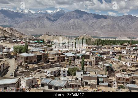 View of a section of the city of Leh located in the Indus Valley in Ladakh, Jammu and Kashmir, India, on July 07, 2014. Leh is at an altitude of 3,524 metres (11,562 ft), and was an important stopover on trade routes along the Indus Valley between India and China for centuries. (Photo by Creative Touch Imaging Ltd./NurPhoto) Stock Photo