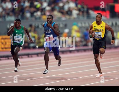 Yohan Blake of Jamaica and Justin Gatlin of United States competing in the 100 meter for men during the 17th IAAF World Athletics Championships at the Khalifa Stadium in Doha, Qatar on September 28, 2019. (Photo by Ulrik Pedersen/NurPhoto) Stock Photo