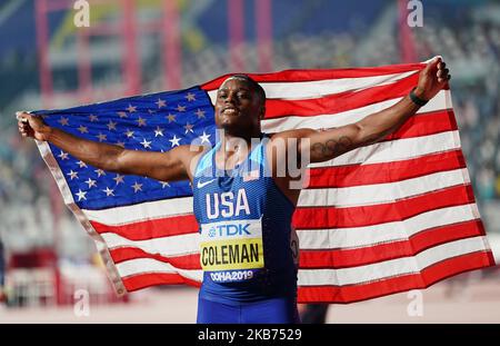 Christian Coleman of United States after winning during the 17th IAAF World Athletics Championships at the Khalifa Stadium in Doha, Qatar on September 28, 2019. (Photo by Ulrik Pedersen/NurPhoto) Stock Photo