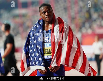 Christian Coleman of United States after winning during the 17th IAAF World Athletics Championships at the Khalifa Stadium in Doha, Qatar on September 28, 2019. (Photo by Ulrik Pedersen/NurPhoto) Stock Photo