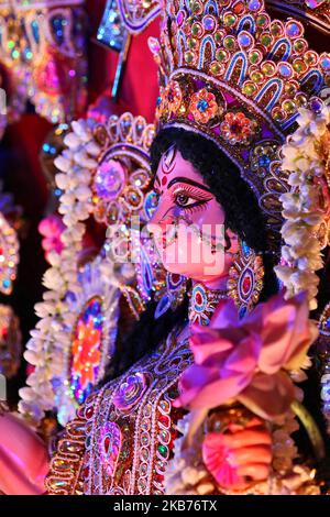 Decorated idol the Goddess Durga during the Durga Puja festival at a pandal (temporary temple) in Mississauga, Ontario, Canada, on September 28, 2019. Hundreds of Bengalis (who have now migrated to Canada from Kolkata, India) attended the celebration. Durga Puja is one of the largest Hindu festivals that involves worship of Goddess Durga symbolizing the power and triumph of good over evil in Hindu mythology. (Photo by Creative Touch Imaging Ltd./NurPhoto) Stock Photo