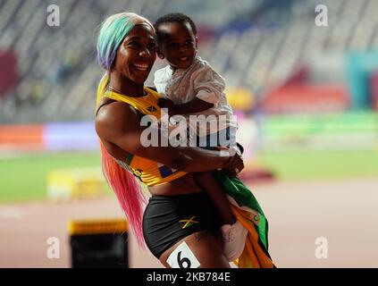 Shelly-Ann Fraser-Pryce of Jamaica winning the 100 meter for women during the 17th IAAF World Athletics Championships at the Khalifa Stadium in Doha, Qatar on September 29, 2019. (Photo by Ulrik Pedersen/NurPhoto) Stock Photo