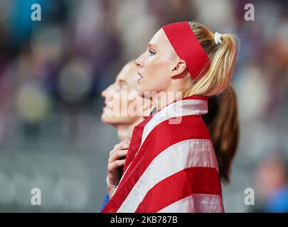 Sandi Morris of United States competing in pole vault for women during the 17th IAAF World Athletics Championships at the Khalifa Stadium in Doha, Qatar on September 29, 2019. (Photo by Ulrik Pedersen/NurPhoto) Stock Photo