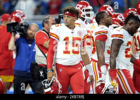 Kansas City Chiefs quarterback Patrick Mahomes (15) is seen during an NFL football game against the Detroit Lions in Detroit, Michigan USA, on Sunday, September 29, 2019 (Photo by Jorge Lemus/NurPhoto) Stock Photo