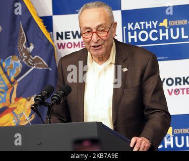 New York, NY, USA. 3rd Nov, 2022. Senate Majority Leader Chuck Schumer (D-NY) speaks during a New York Women 'Get Out The Vote'' rally at Barnard College on November 03, 2022 in New York City. Vice President Kamala Harris and Secretary Hillary Rodham Clinton joined Gov. Kathy Hochul and Attorney General Letitia James as they campaigned at a New York Women GOTV rally with the midterm elections under a week away. Hochul holds a slim lead in the polls against Republican candidate Rep. Lee Zeldin. AG James is favored to beat Republican candidate for Attorney General Michael Henry (Credit Ima Stock Photo