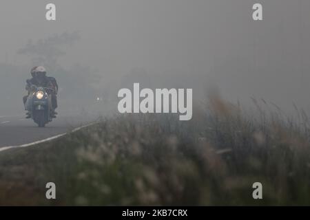A man rides his motorcycle as smoke billows from burnt trees in Palangka Raya, Central Kalimantan province, Indonesia, October 1, 2019. Firefighters, military personnel and water-dropping helicopters have been deployed to combat the fires in Sumatra and Borneo that have caused thick haze in the neighboring countries, Singapore and Malaysia. (Photo by Andrew Gal/NurPhoto) Stock Photo