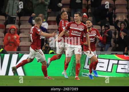 Middlesbrough's players celebrate after Preston North End's Darnell Fisher own goal levelled the scores at 1-1 during the Sky Bet Championship match between Middlesbrough and Preston North End at the Riverside Stadium, Middlesbrough, UK on 1st October 2019. (Photo by Mark Fletcher/ MI News/NurPhoto) Stock Photo