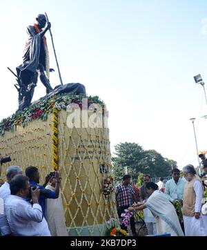 West Bengal Chief Minister Mamata Banerjee pays tribute to Mahatma Gandhi on the occasion of his 150th birth anniversary in Kolkata, India on Wednesday, 2nd October,2019 . (Photo by Sonali Pal Chaudhury/NurPhoto) Stock Photo