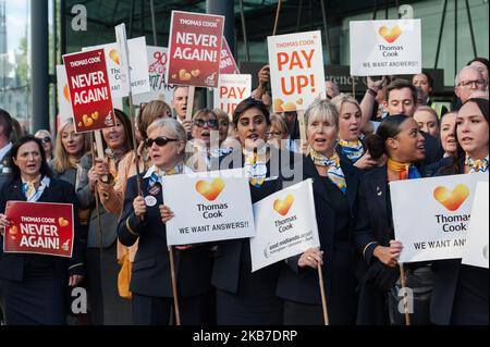 Thomas Cook workers gather at the Department of Business, Energy and Industrial Strategy (BEIS) to protest and hand in a petition with over 10,000 signatures, calling on Secretary of State for Business Andrea Leadsom to ensure the workers affected by the firm's collapse receive their unpaid wages on 02 October, 2019 in London, England. Around 9,000 Thomas Cook employees in the UK lost their jobs on Monday last week as the world’s oldest travel company went into liquidation over its debts. (Photo by WIktor Szymanowicz/NurPhoto) Stock Photo