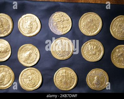The archaeologist Hristo Kuzov shows golden coins, discovered during excavations this season in Ancient Marcianopolis, the present town of Devnya, about 30 km from Varna. Bronze and gold coins are found. The gold coins found are 16 in number. They are dated from the time of Emperor Theodosius II (408-450) and his wife Elijah Evdokia. The face of Emperor Theodosius II is engraved on 14 of the coins, on one of them is Elijah Evdokia and one is with Emperor Valentian III, the Emperor of Western Roman Empire, and on some of the coins are engraved the two Emperors - Emperor Theodosius II and Empero Stock Photo