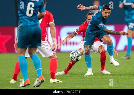 Sebastian Driussi of FC Zenit Saint Petersburg vie for the ball during the UEFA Champions League group G match between FC Zenit St. Petersburg and SL Benfica at the Saint Petersburg Stadium on October 01, 2019 in St.Petersburg, Russia. (Photo by Igor Russak/NurPhoto) Stock Photo