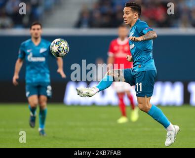 Sebastian Driussi of FC Zenit Saint Petersburg vie for the ball during the UEFA Champions League group G match between FC Zenit St. Petersburg and SL Benfica at the Saint Petersburg Stadium on October 01, 2019 in St.Petersburg, Russia. (Photo by Igor Russak/NurPhoto) Stock Photo