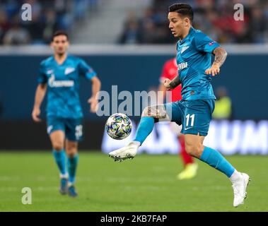 Sebastian Driussi of FC Zenit Saint Petersburg vie for the ball during the UEFA Champions League group G match between FC Zenit St. Petersburg and SL Benfica at the Saint Petersburg Stadium on October 01, 2019 in St.Petersburg, Russia. (Photo by Igor Russak/NurPhoto) Stock Photo