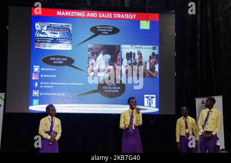 School students pitching during the National Company Of The Year 2019 Empower Nigerian Youths Through Invention, in Lagos on the 3rd of October 2019. (Photo by Olukayode Jaiyeola/NurPhoto) Stock Photo