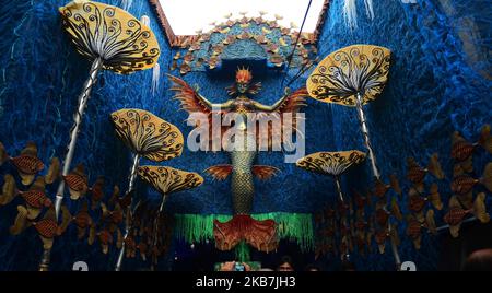 View of a Puja pandal or temporary platform of a community Durga Puja pandal is decorated in Kolkata, India on Saturday, 5th October,2019. Durga Puja festival marks the victory of Goddess Durga over the evil buffalo demon Mahishasura . Thus, Durga Puja festival epitomises the victory of Good over Evil. (Photo by Sonali Pal Chaudhury/NurPhoto) Stock Photo