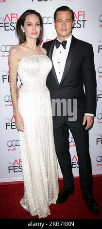(FILE) Angelina Jolie talks Brad Pitt divorce: 'I felt a deep and genuine sadness'. HOLLYWOOD, LOS ANGELES, CALIFORNIA, USA - NOVEMBER 05: Actors Angelina Jolie Pitt (wearing an Atelier Versace gown and Procop jewels) and Brad Pitt (wearing Lanvin) arrive at the opening night gala premiere of Universal Pictures' 'By the Sea' during AFI FEST 2015 presented by Audi held at the TCL Chinese Theatre IMAX on November 5, 2015 in Hollywood, Los Angeles, California, United States. (Photo by Image Press Agency/NurPhoto) Stock Photo
