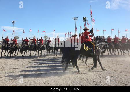 Members of the RCMP (Royal Canadian Mounted Police) perform on horseback during the RCMP Musical Ride in Markham, Ontario, Canada, on October 05, 2019. The Musical Ride of the Royal Canadian Mounted Police is an event showcasing the equestrian skills performed by 32 cavalry who are regular members of the police force. (Photo by Creative Touch Imaging Ltd./NurPhoto) Stock Photo