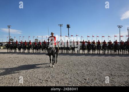 Members of the RCMP (Royal Canadian Mounted Police) perform on horseback during the RCMP Musical Ride in Markham, Ontario, Canada, on October 05, 2019. The Musical Ride of the Royal Canadian Mounted Police is an event showcasing the equestrian skills performed by 32 cavalry who are regular members of the police force. (Photo by Creative Touch Imaging Ltd./NurPhoto) Stock Photo