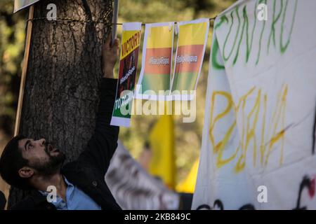 Pro Kurdish activists shout slogans as they stage a protest against Turkish military operations on October 11, 2019 in Rome, Italy. (Photo by Andrea Ronchini/NurPhoto) Stock Photo