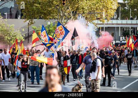 Spanish fascist during a demonstrate in Barcelona in favour of Spanish unity during the National Day on October 12, 2019 in Barcelona, Spain. (Photo by Pau Venteo/NurPhoto) Stock Photo