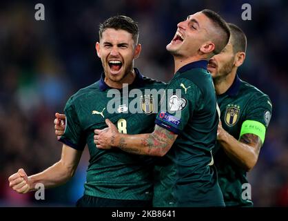 Jorginho of Italy celebrates with Marco Verratti after scoring the penalty of 1-0 during the Group J European Qualifiers for UEFA Euro 2020 match Italy v Greece at the Olimpico Stadium in Rome, Italy on October 12, 2019 (Photo by Matteo Ciambelli/NurPhoto) Stock Photo