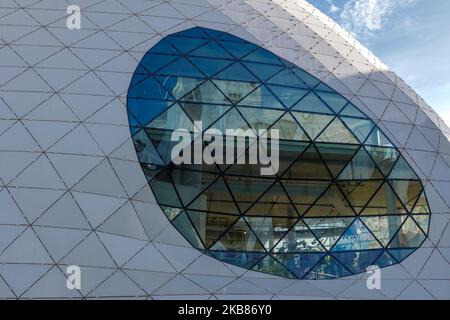 Exterior sunny view of Blob iconic architecture with triangular geometric pattern facade. Stock Photo