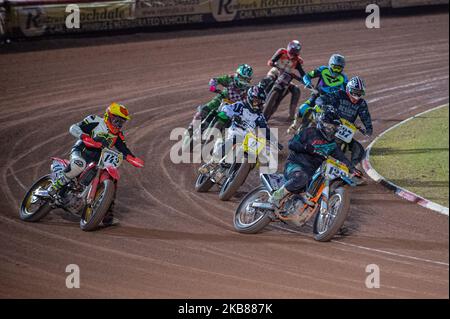 American style Flat Track racing demonstration race during the ACU Sidecar Speedway Manchester Masters, Belle Vue National Speedway Stadium, Manchester Friday 11 October 2019 (Photo by Ian Charles/MI News/NurPhoto) Stock Photo