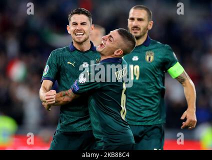 Jorginho of Italy celebrates with Marco Verratti during the Group J European Qualifiers for UEFA Euro 2020 match Italy v Greece at the Olimpico Stadium in Rome, Italy on October 12, 2019 (Photo by Matteo Ciambelli/NurPhoto) Stock Photo