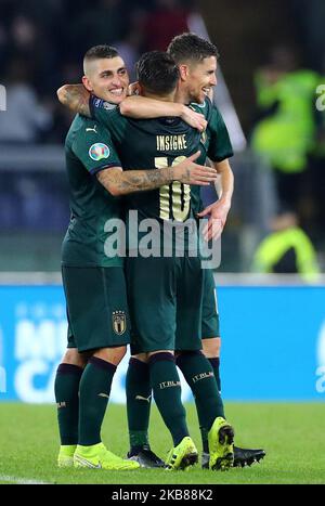 Jorginho of Italy celebrates with Lorenzo Insigne and Marco Verratti during the Group J European Qualifiers for UEFA Euro 2020 match Italy v Greece at the Olimpico Stadium in Rome, Italy on October 12, 2019 (Photo by Matteo Ciambelli/NurPhoto) Stock Photo