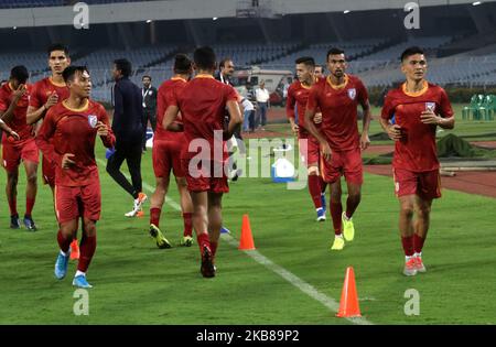 Indian National football team Captain Sunil Chhetri with a team at the practices session with teammates ahead of their World Cup 2022 and 2023 AFC Asian Cup qualifying football match against Bangladesh , at the Vivekananda Yuba Bharati Krirangan in Kolkata on October 14, 2019. (Photo by Debajyoti Chakraborty/NurPhoto) Stock Photo