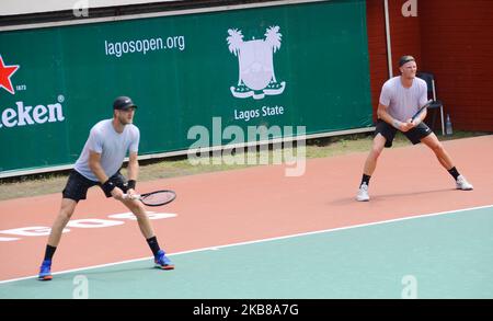 Zimbabwe brothers, Benjamin Lock and Courtney Lock was defeated by Tunisians Aziz Dougaz and Skander Monsouri during the Men's Double final on 14th October 2019 in Lagos, Nigeria. (Photo by Olukayode Jaiyeola/NurPhoto) Stock Photo