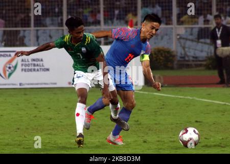 India National Football Team Captain Sunil Chattetri attempt to goal during the World Cup 2022 and 2023 AFC Asian Cup qualifying football match between India and Bangladesh, at the Vivekananda Yuba Bharati Krirangan in Kolkata on October 15, 2019. (Photo by Debajyoti Chakraborty/NurPhoto) Stock Photo