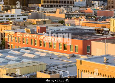 NEW ORLEANS, LA, USA - OCTOBER  25, 2022: Aerial view of rooftops in the Warehouse district with the Contemporary Arts Center in the middle
