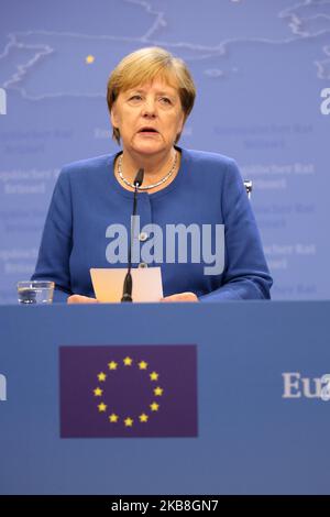 Angela Merkel, Chencellor of Germany speaks during press conference in the Justus Lipsius building during the European Council Summit in Brussels, Belgium on October 17, 2019. The European Council meets to tackle key issues of Brexit in face of October's deadline, relations with Turkey after its military engagement in north Syria, as well as enlargement of the EU. (Photo by Dominika Zarzycka/NurPhoto) Stock Photo