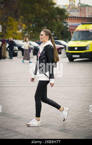 People take part in the Street Style Mercedes Benz-Fashion Week Russia Spring/Summer 2020 - Day 3, on October 17, 2019 in Moscow, Russia. (Photo by Nataliya Petrova/NurPhoto) Stock Photo