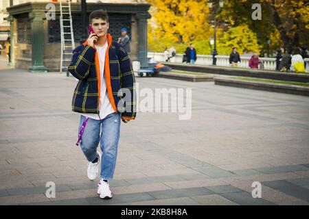 People take part in the Street Style Mercedes Benz-Fashion Week Russia Spring/Summer 2020 - Day 3, on October 17, 2019 in Moscow, Russia. (Photo by Nataliya Petrova/NurPhoto) Stock Photo