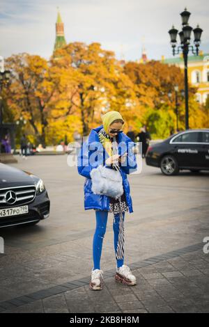 People take part in the Street Style Mercedes Benz-Fashion Week Russia Spring/Summer 2020 - Day 3, on October 17, 2019 in Moscow, Russia. (Photo by Nataliya Petrova/NurPhoto) Stock Photo