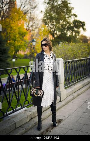 People take part in the Street Style Mercedes Benz-Fashion Week Russia Spring/Summer 2020 - Day 3, on October 17, 2019 in Moscow, Russia. (Photo by Nataliya Petrova/NurPhoto) Stock Photo